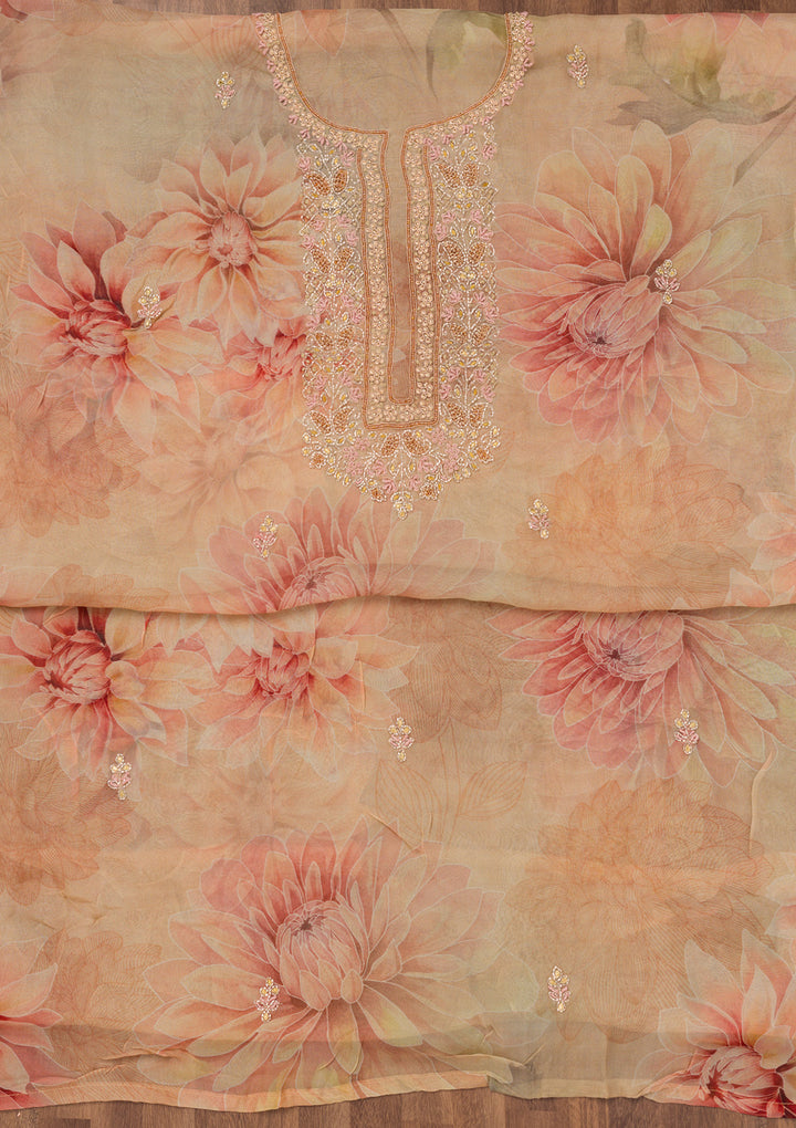 Beige Tissue Floral Silver Zariwork Unstitched Dress Material With Matching Bottom And Dupatta