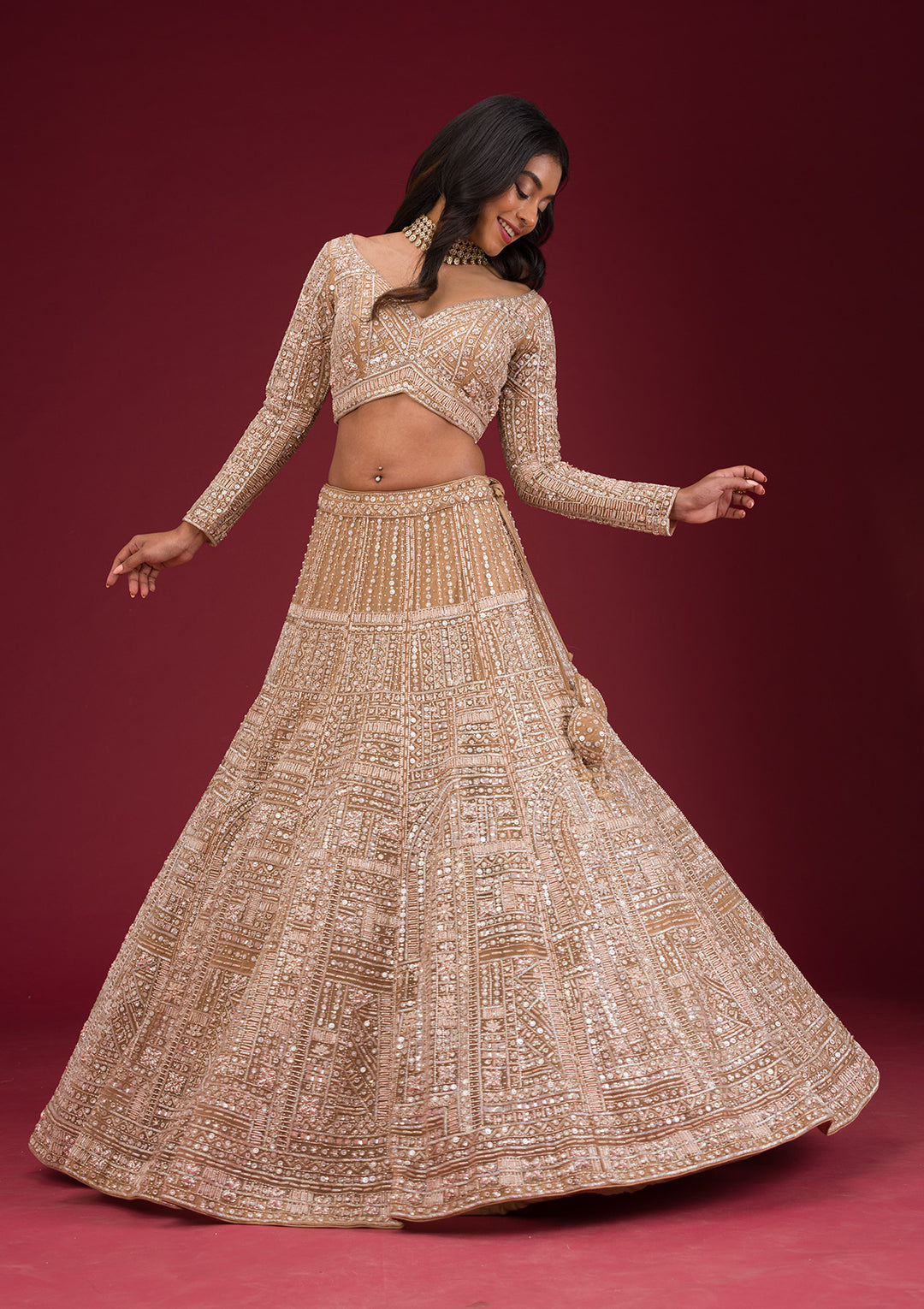 Beige Sequins Net Readymade Lehenga
