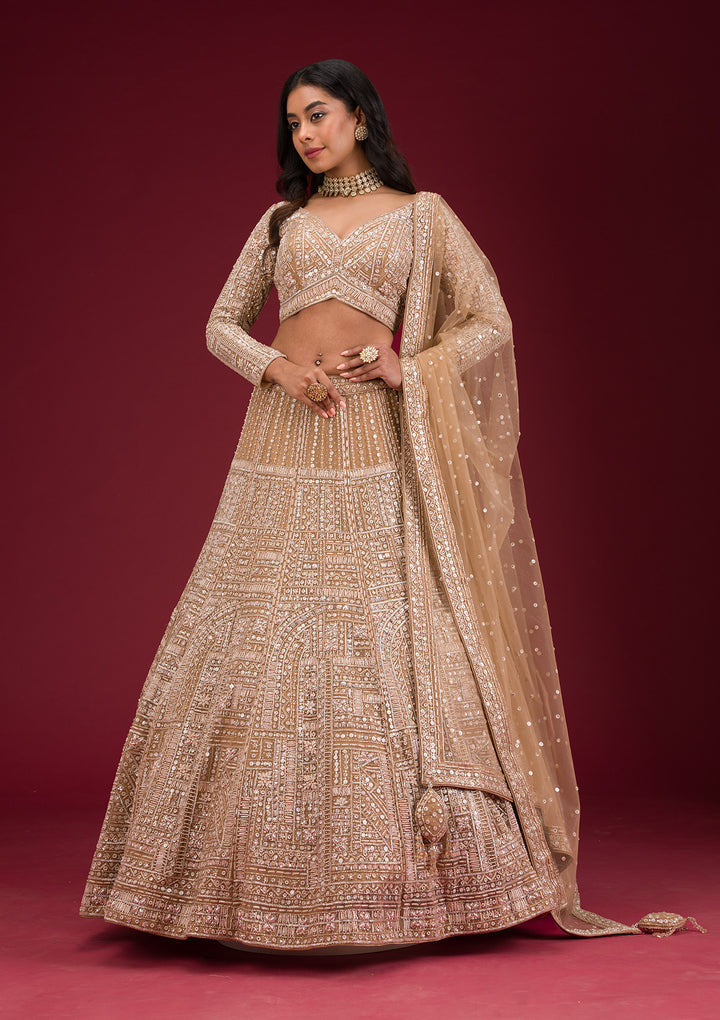 Beige Sequins Net Readymade Lehenga