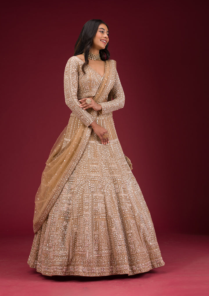 Beige Sequins Net Readymade Lehenga