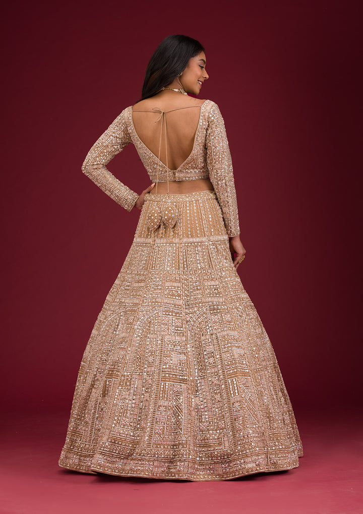 Beige Sequins Net Readymade Lehenga