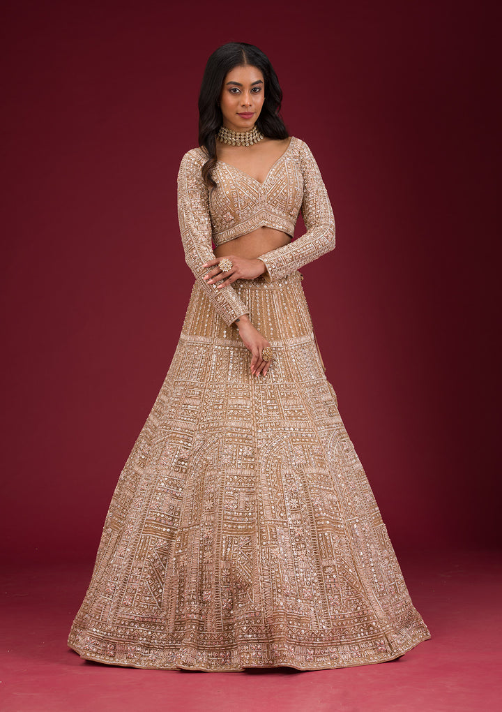 Beige Sequins Net Readymade Lehenga