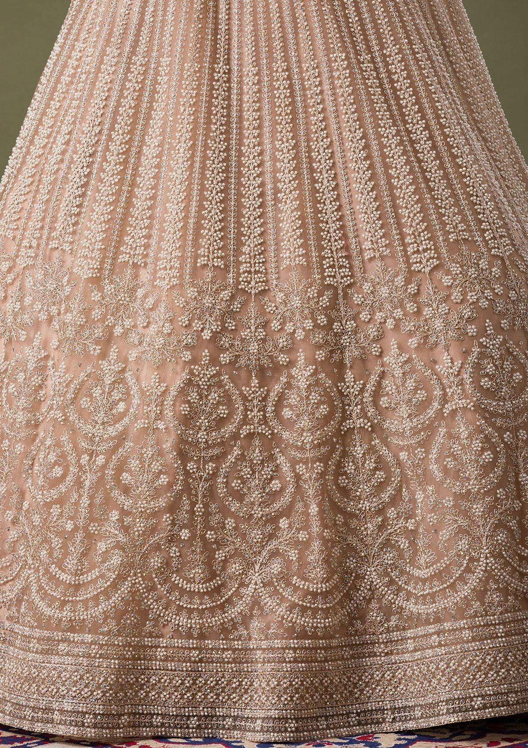 Beige Silver Stonework Net Readymade Lehenga