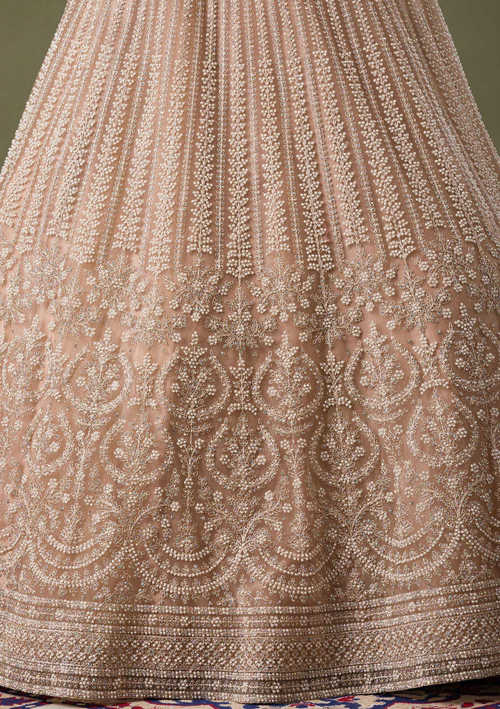Beige Silver Stonework Net Readymade Lehenga