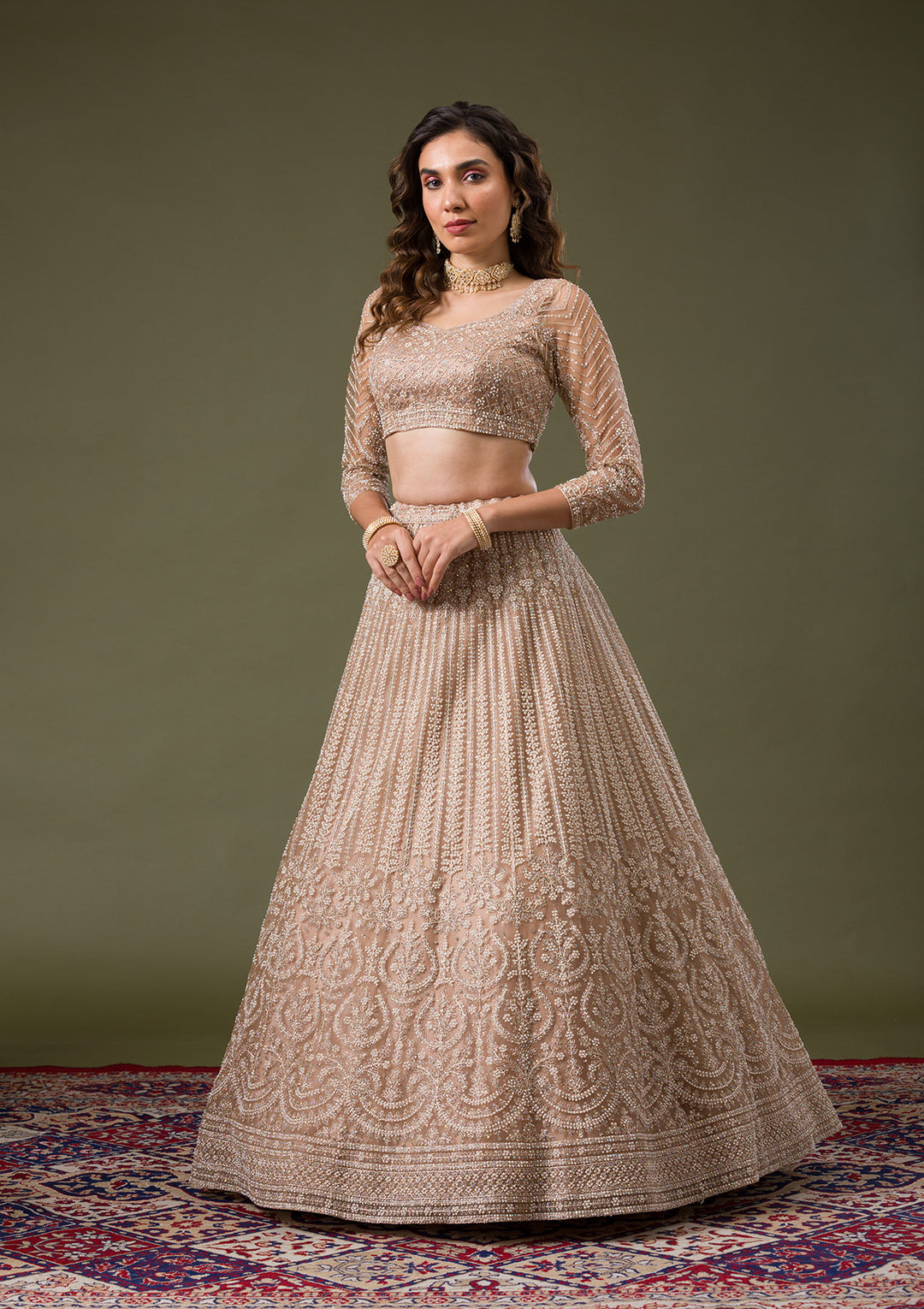 Beige Silver Stonework Net Readymade Lehenga