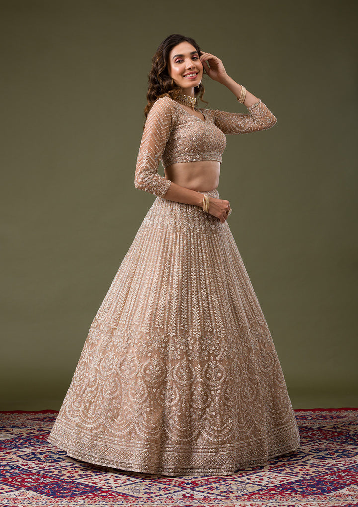 Beige Silver Stonework Net Readymade Lehenga