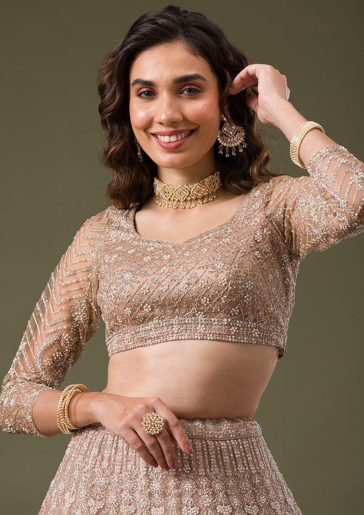 Beige Silver Stonework Net Readymade Lehenga