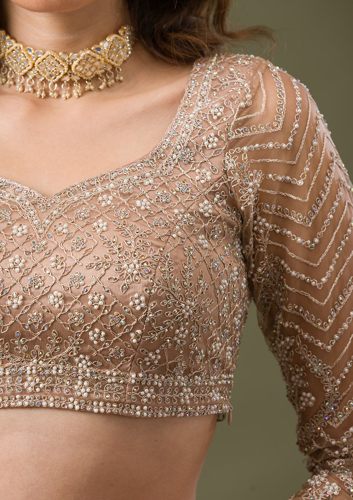 Beige Silver Stonework Net Readymade Lehenga