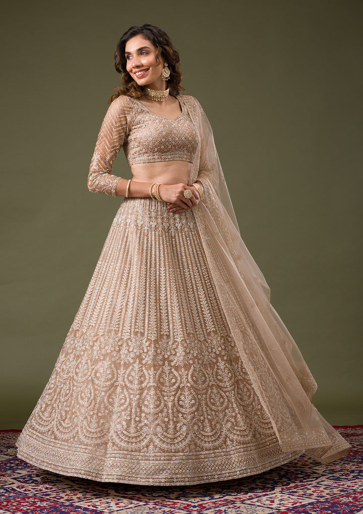 Beige Silver Stonework Net Readymade Lehenga