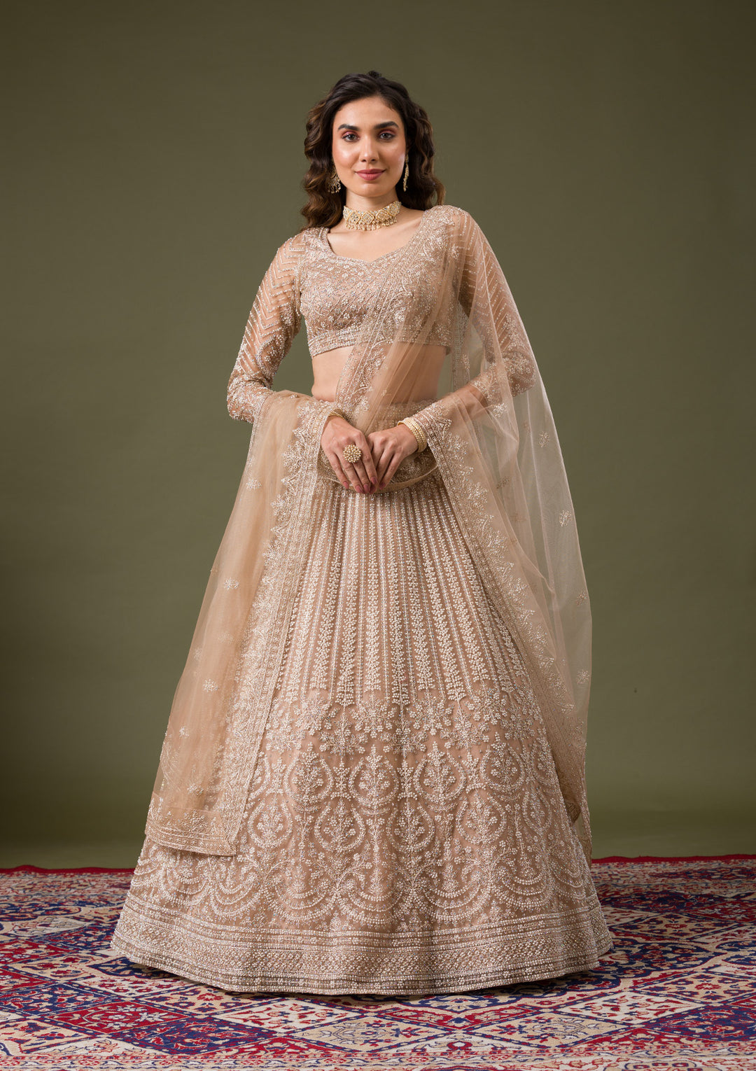 Beige Silver Stonework Net Readymade Lehenga