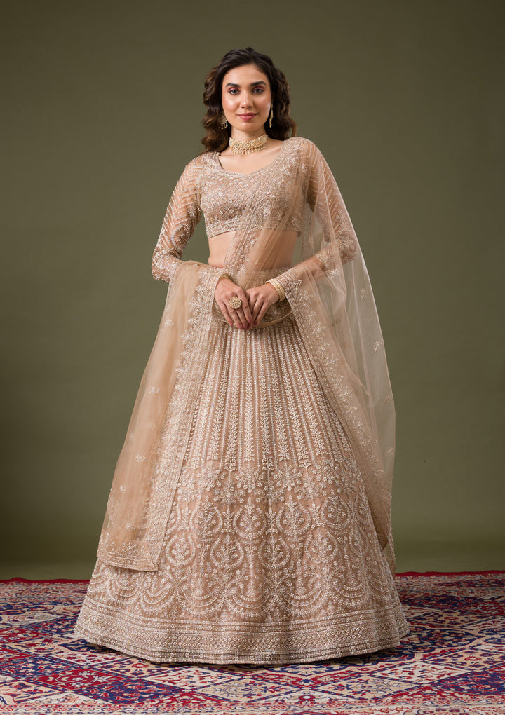 Beige Silver Stonework Net Readymade Lehenga