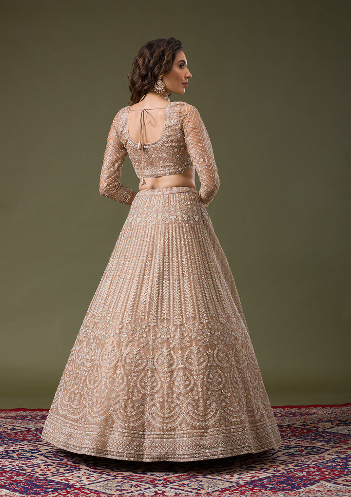 Beige Silver Stonework Net Readymade Lehenga