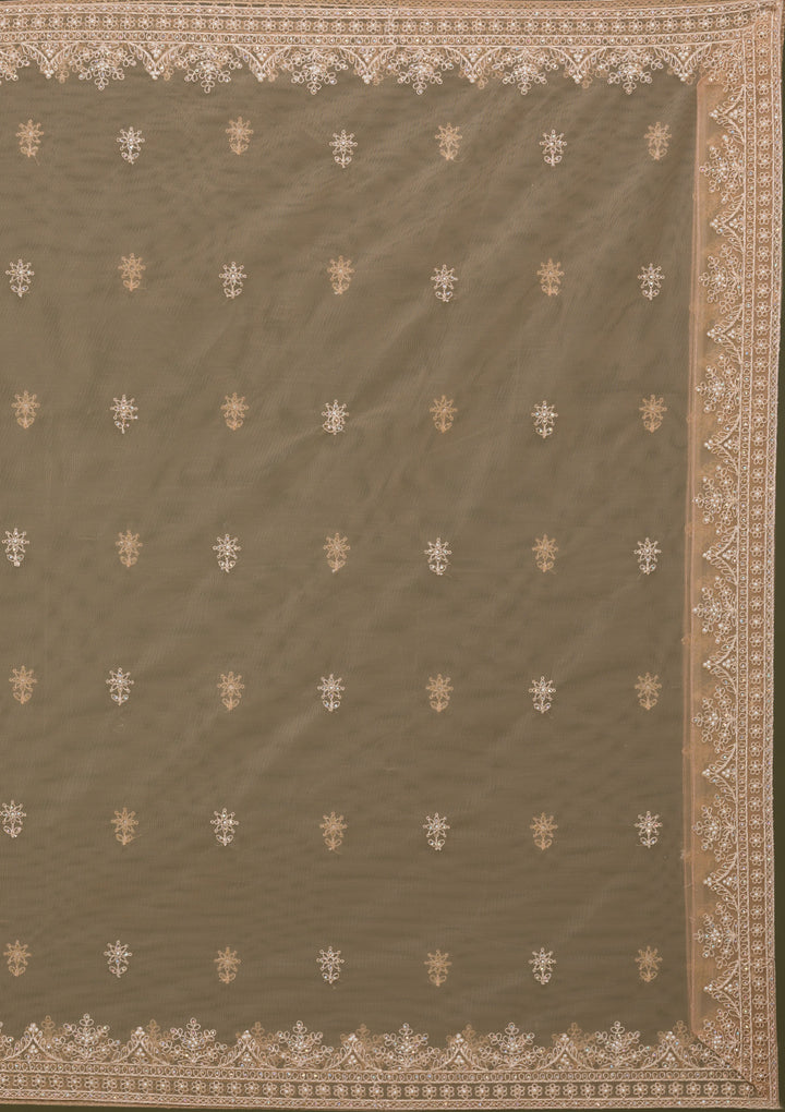 Beige Silver Stonework Net Readymade Lehenga