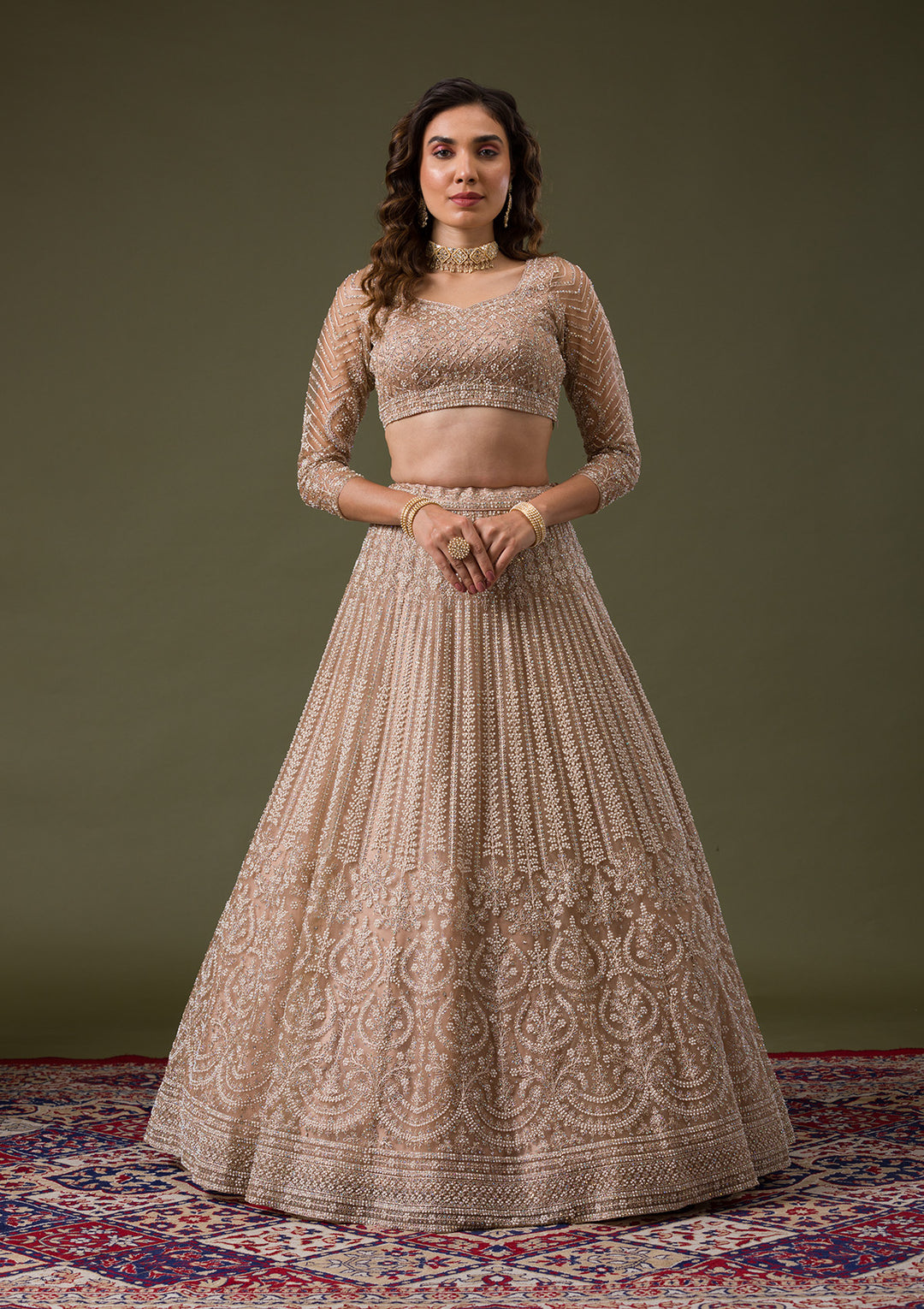 Beige Silver Stonework Net Readymade Lehenga