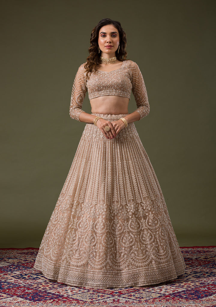 Beige Silver Stonework Net Readymade Lehenga