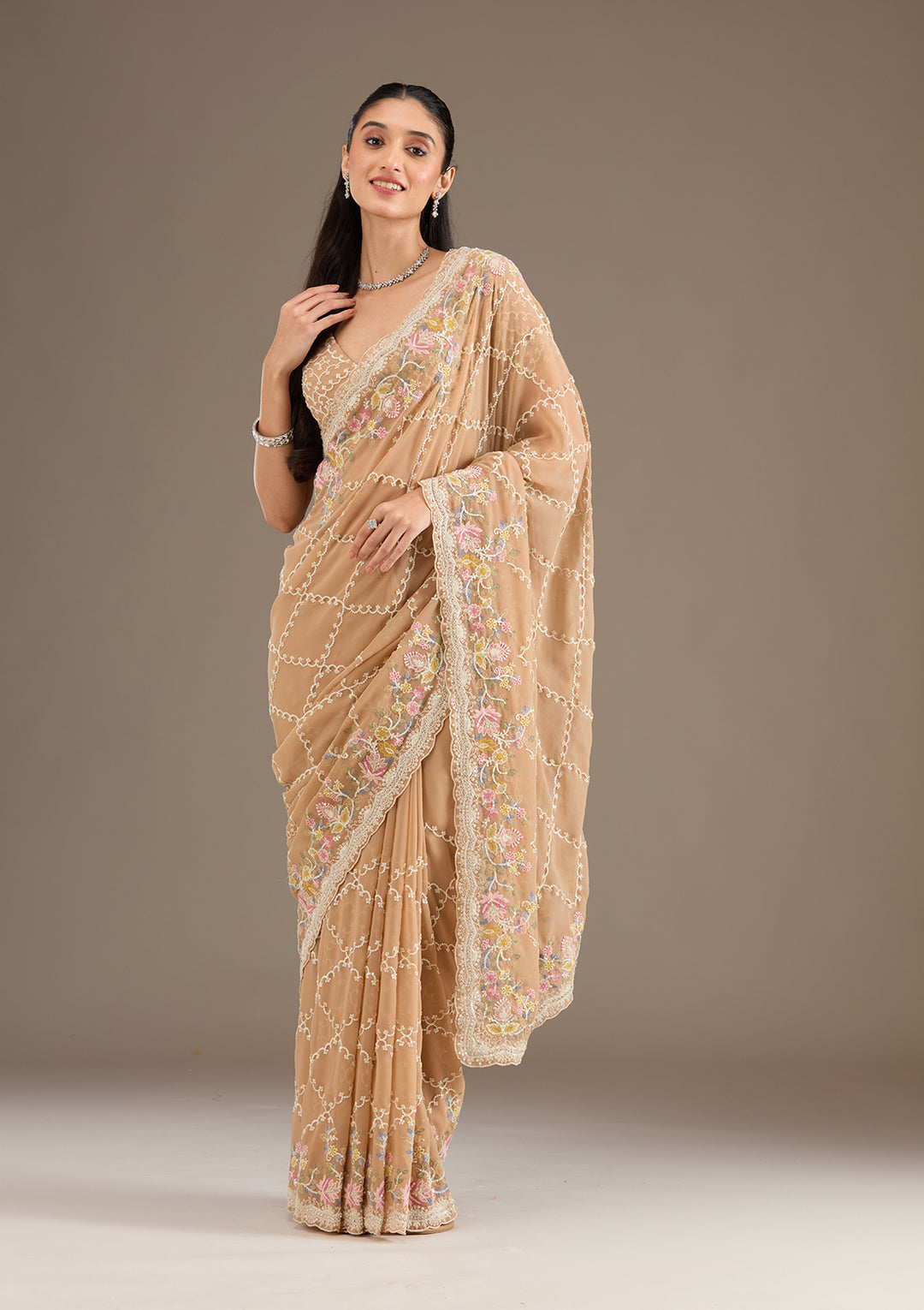 Beige Tissue Threadwork Saree With Matching Blouse Piece