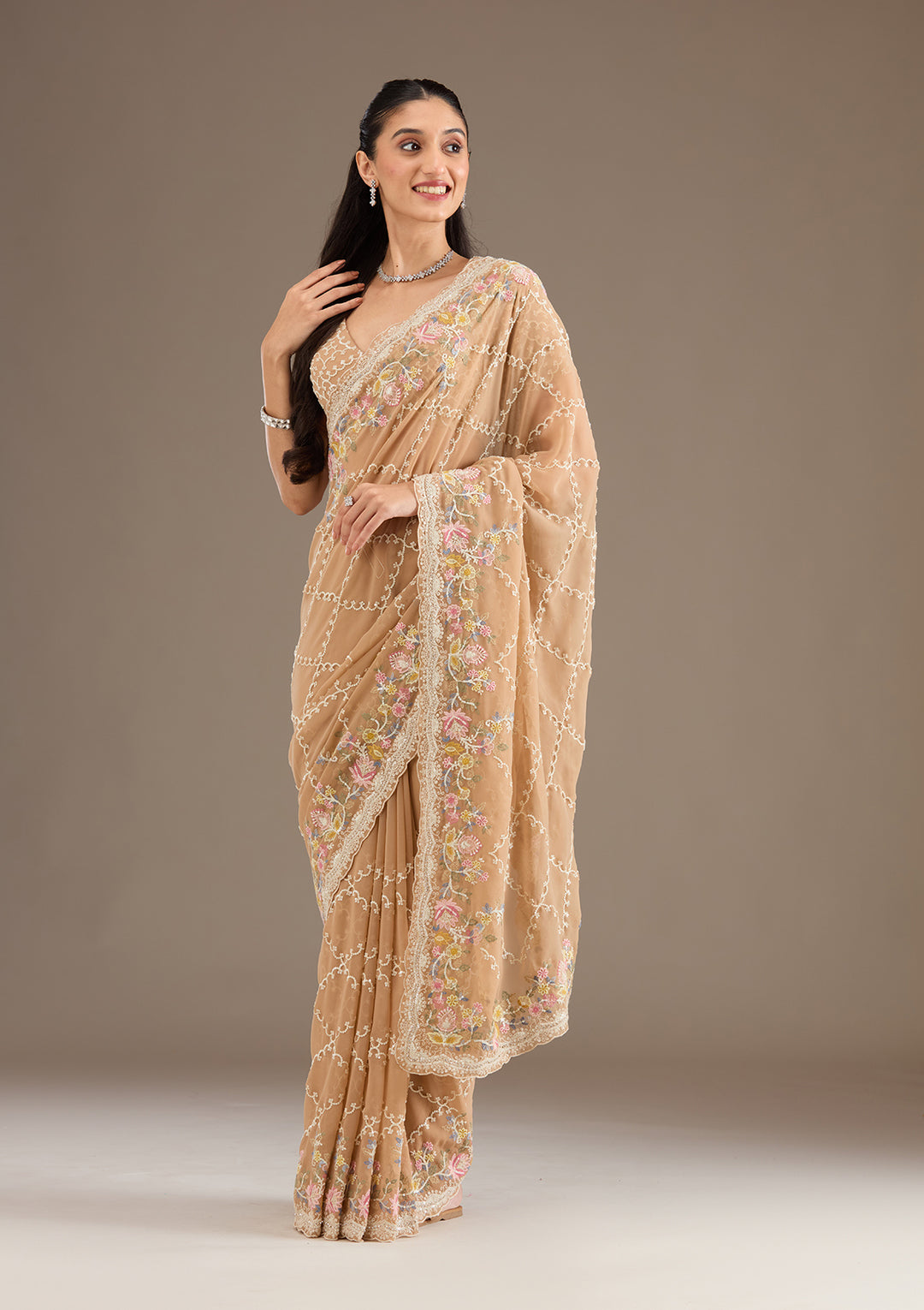 Beige Tissue Threadwork Saree With Matching Blouse Piece