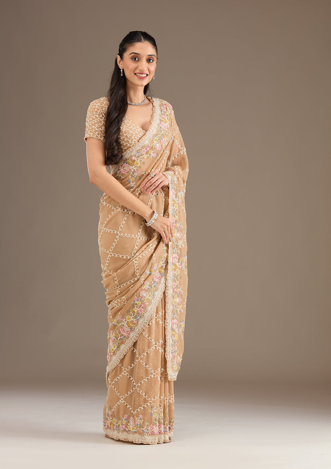 Beige Tissue Threadwork Saree With Matching Blouse Piece