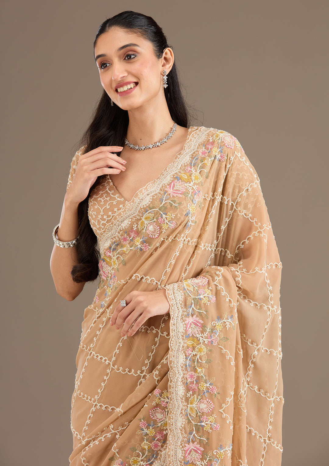 Beige Tissue Threadwork Saree With Matching Blouse Piece