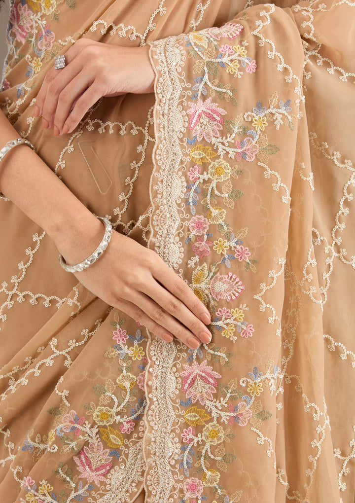 Beige Tissue Threadwork Saree With Matching Blouse Piece