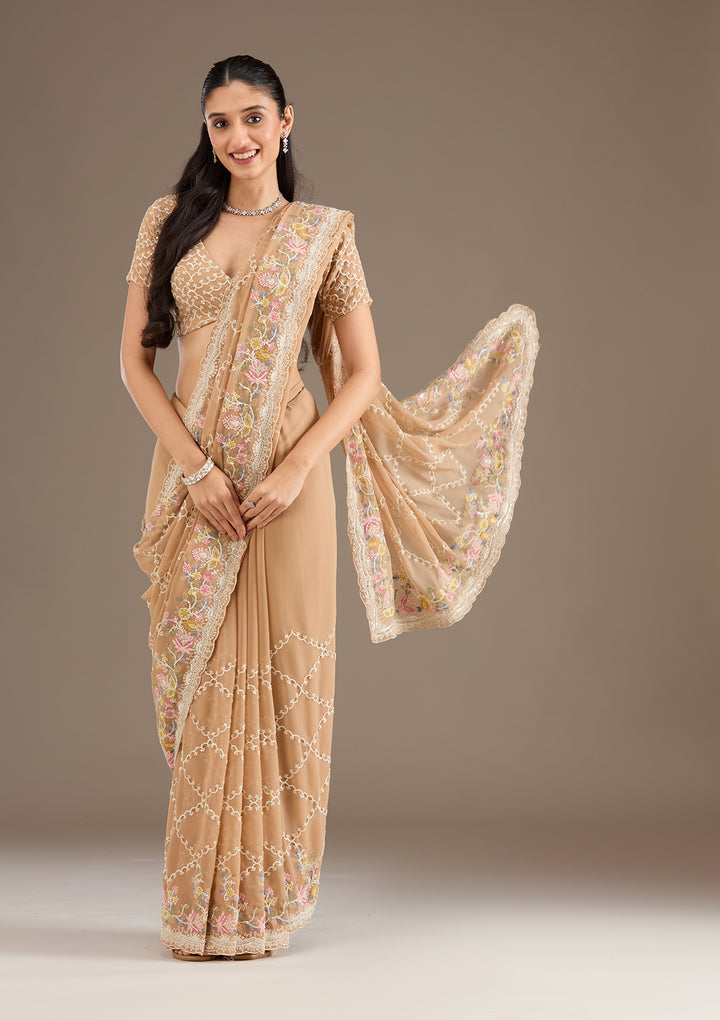 Beige Tissue Threadwork Saree With Matching Blouse Piece