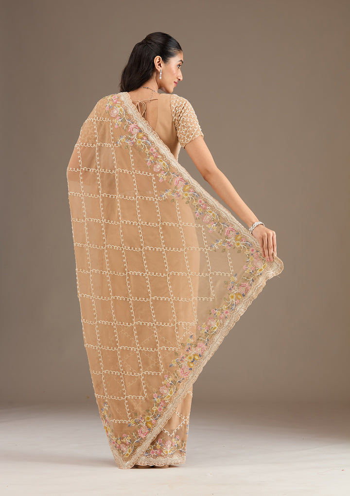 Beige Tissue Threadwork Saree With Matching Blouse Piece