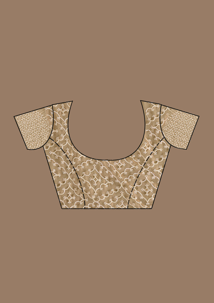 Beige Tissue Threadwork Saree With Matching Blouse Piece