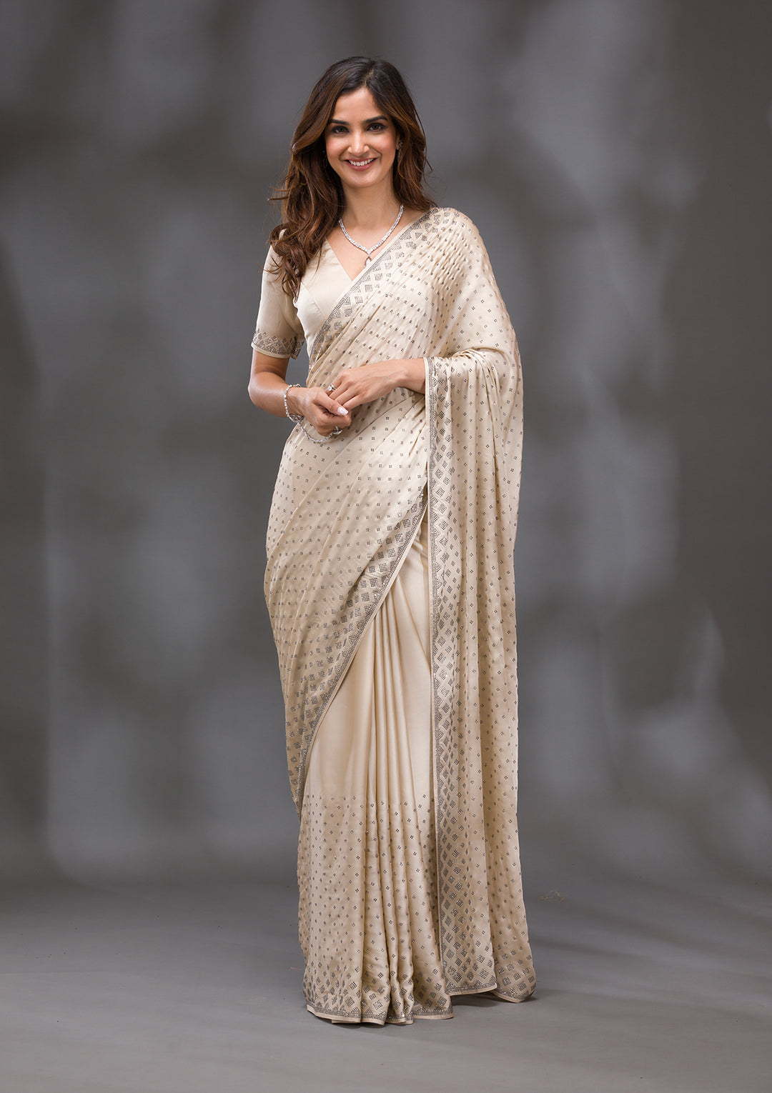 Beige Stonework (Silver) Semi Crepe Saree