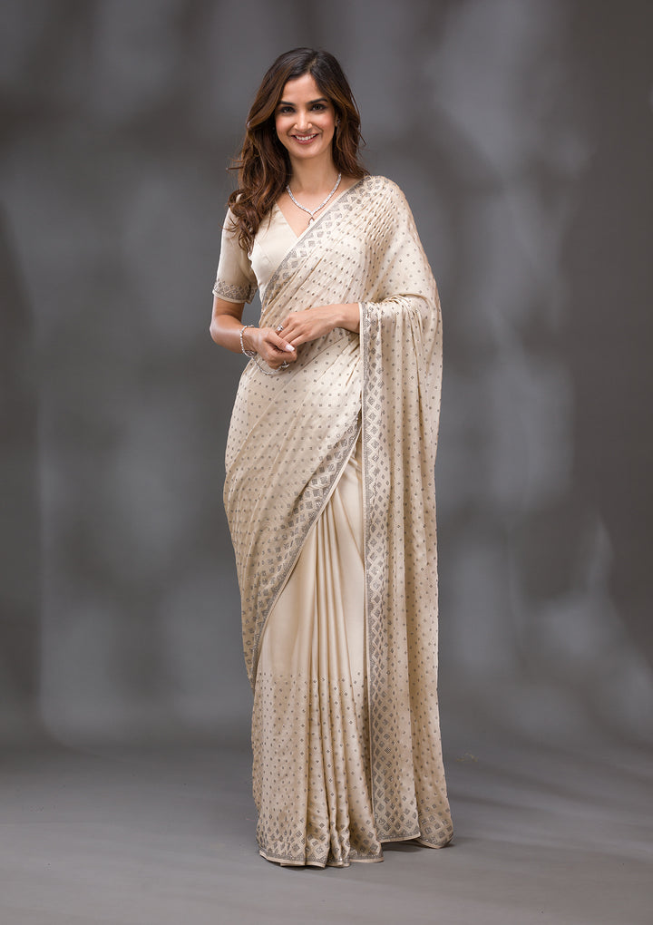 Beige Stonework (Silver) Semi Crepe Saree