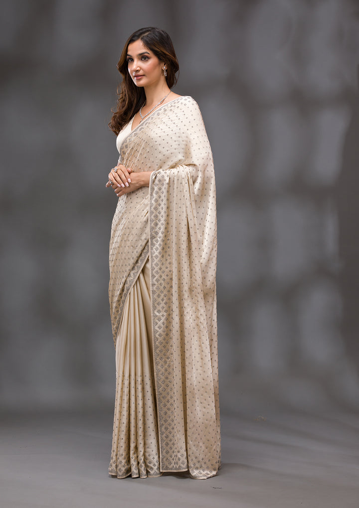 Beige Stonework (Silver) Semi Crepe Saree