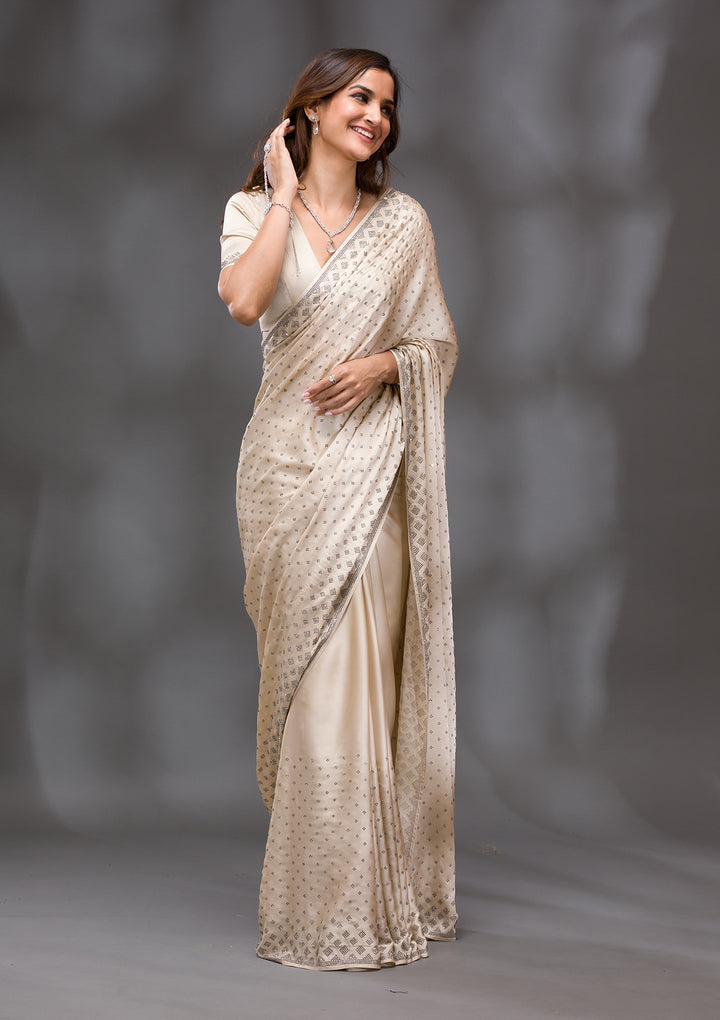 Beige Stonework (Silver) Semi Crepe Saree