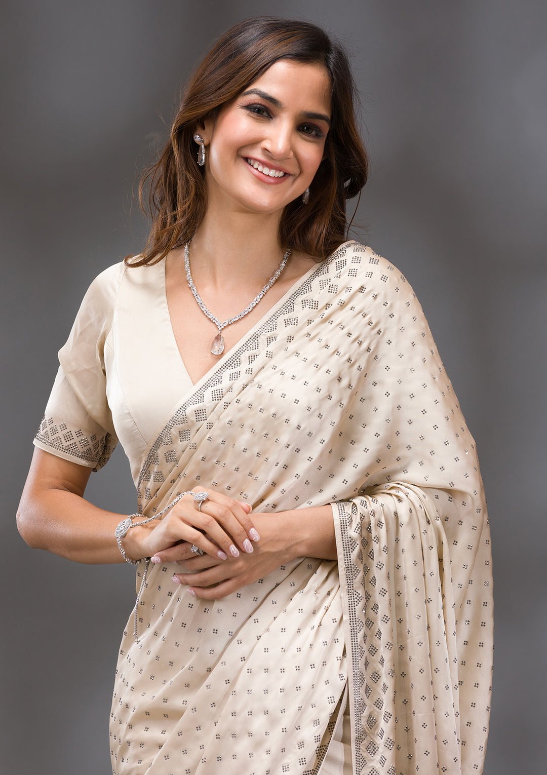 Beige Stonework (Silver) Semi Crepe Saree