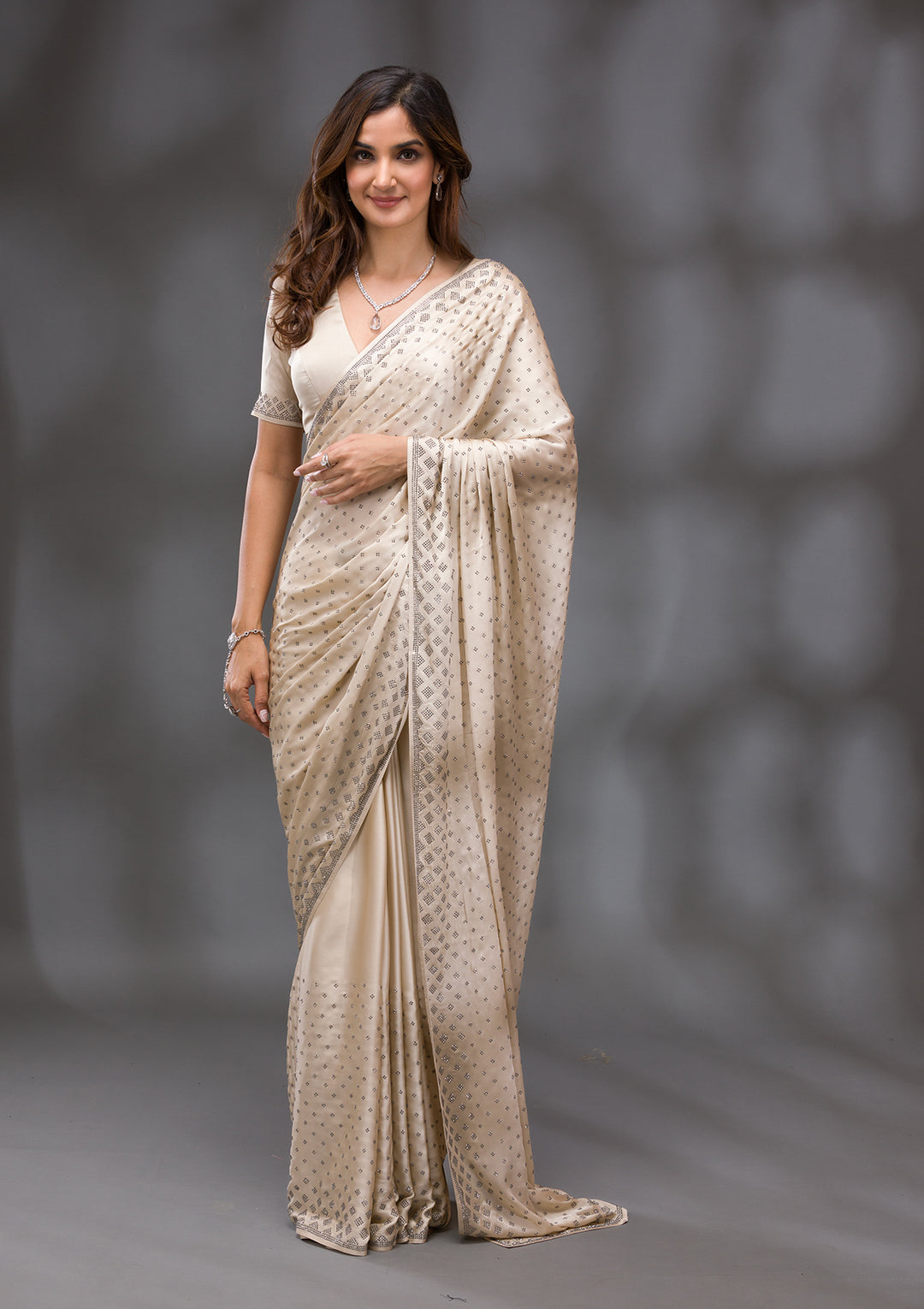Beige Stonework (Silver) Semi Crepe Saree