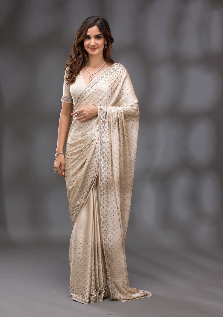 Beige Stonework (Silver) Semi Crepe Saree