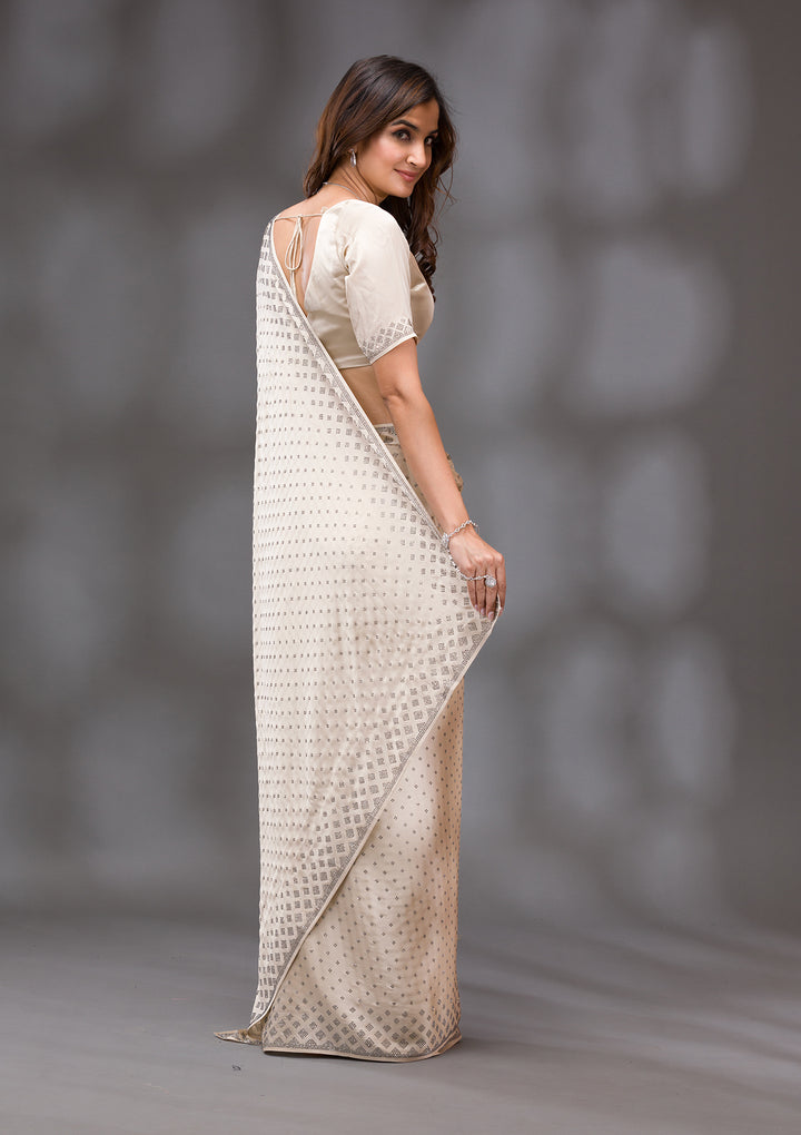 Beige Stonework (Silver) Semi Crepe Saree