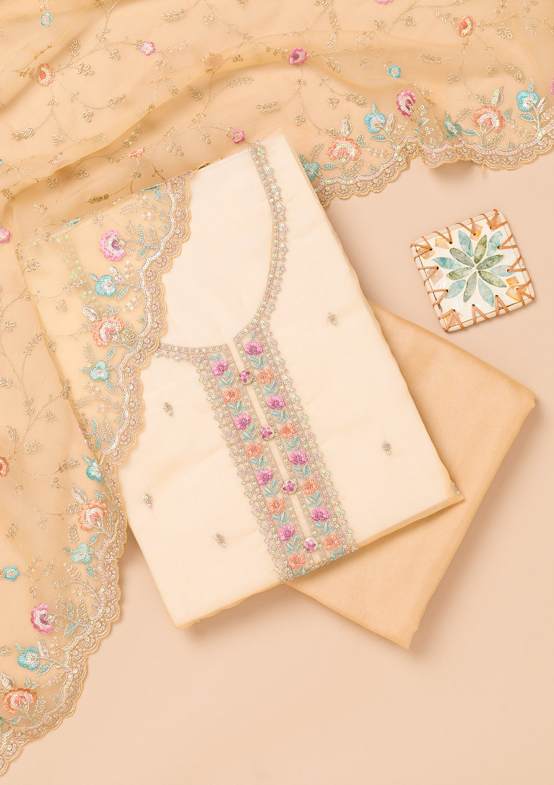 Yellow Organza Threadwork Unstitched Dress Material With Matching Bottom And Dupatta