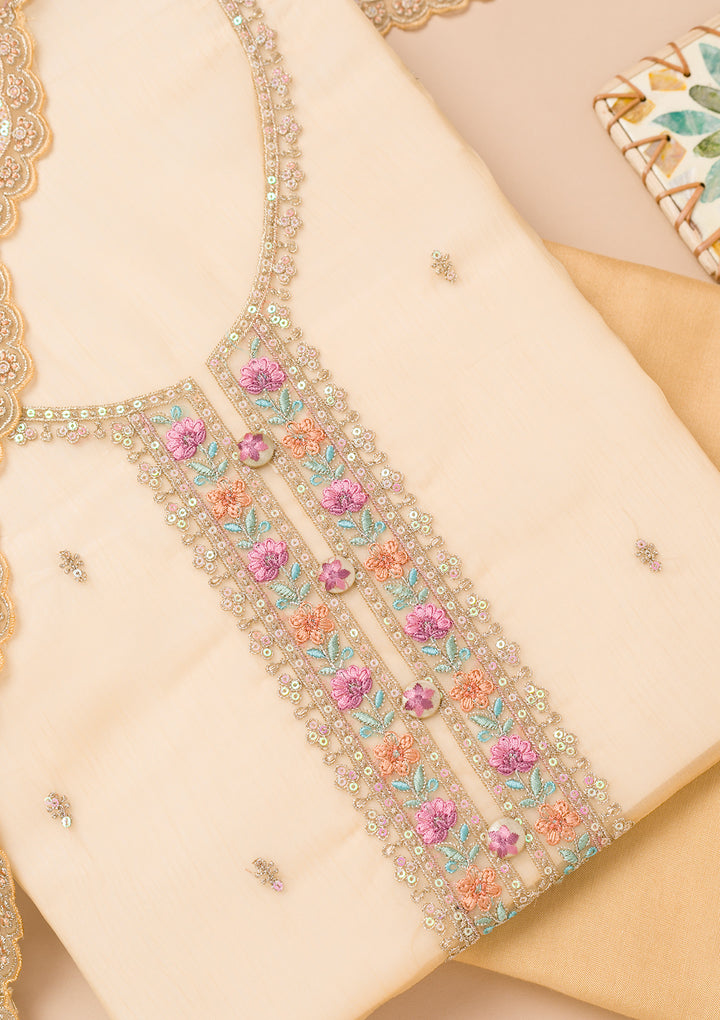 Yellow Organza Threadwork Unstitched Dress Material With Matching Bottom And Dupatta