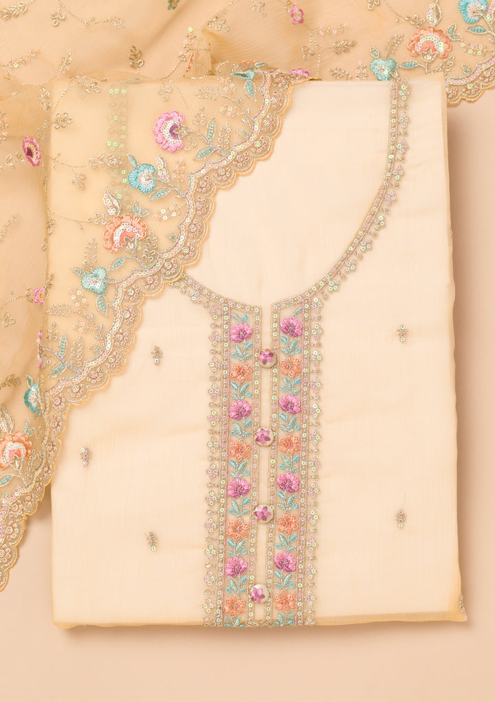 Yellow Organza Threadwork Unstitched Dress Material With Matching Bottom And Dupatta