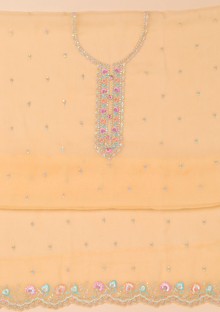 Yellow Organza Threadwork Unstitched Dress Material With Matching Bottom And Dupatta
