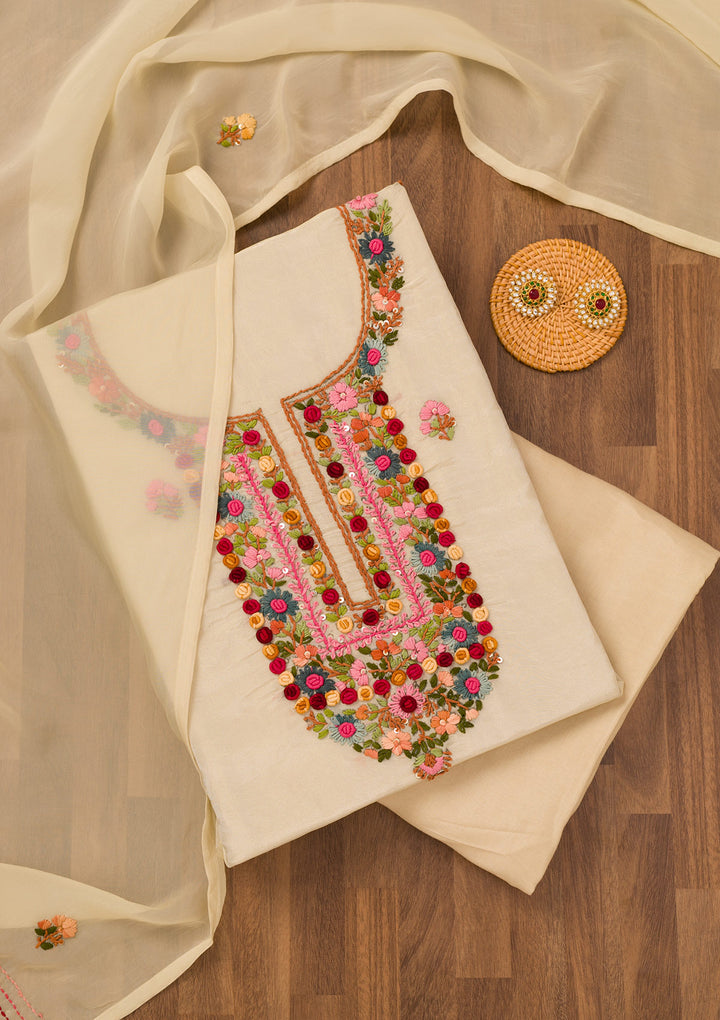 Beige Georgette Threadwork Unstitched Dress Material With Matching Bottom And Dupatta