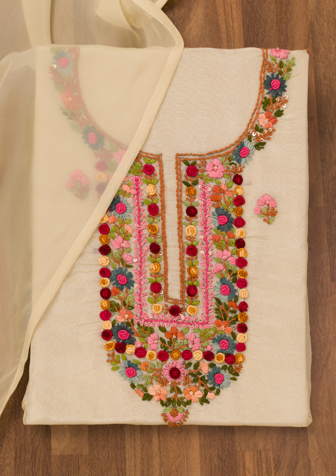 Beige Georgette Threadwork Unstitched Dress Material With Matching Bottom And Dupatta