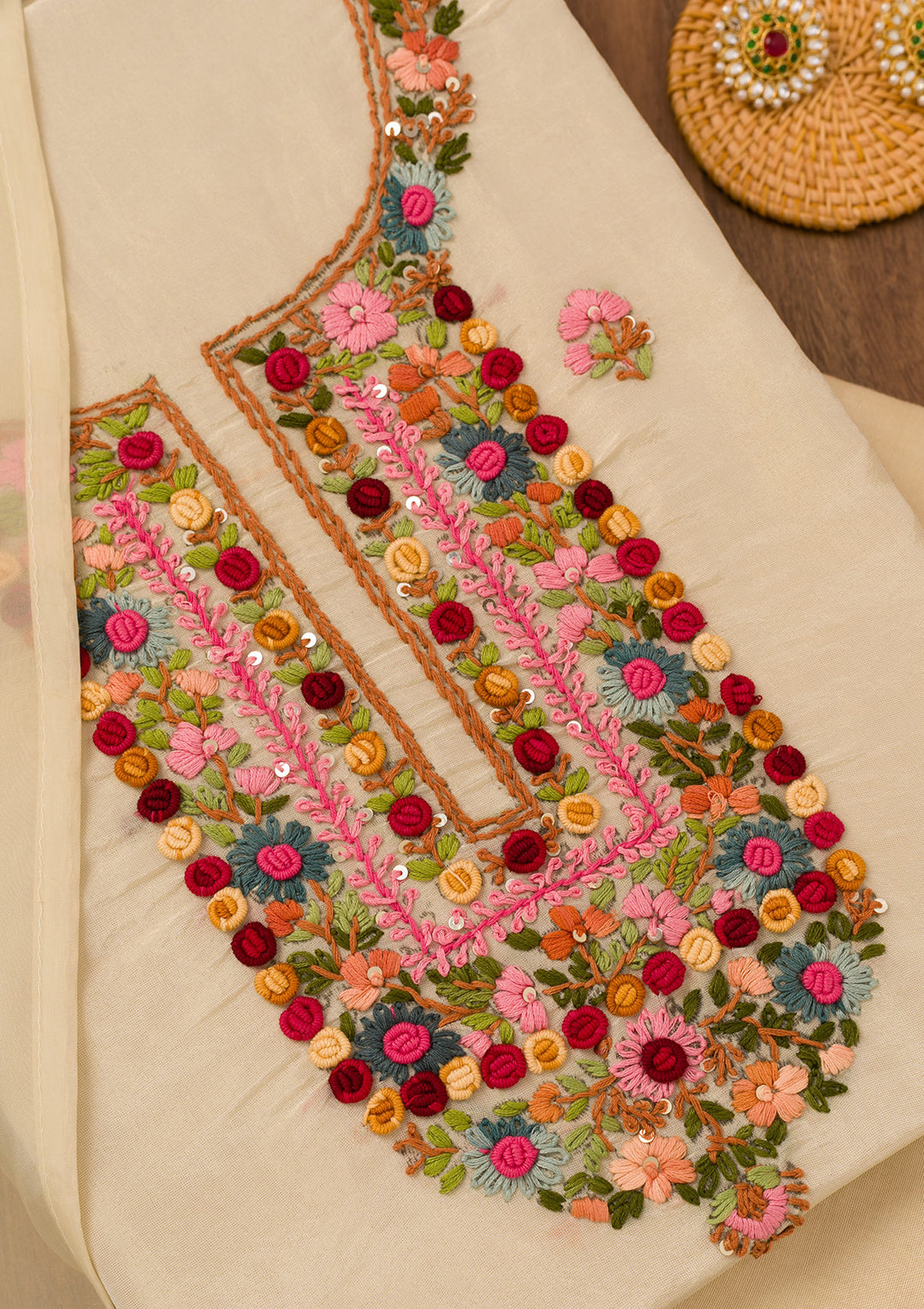 Beige Georgette Threadwork Unstitched Dress Material With Matching Bottom And Dupatta