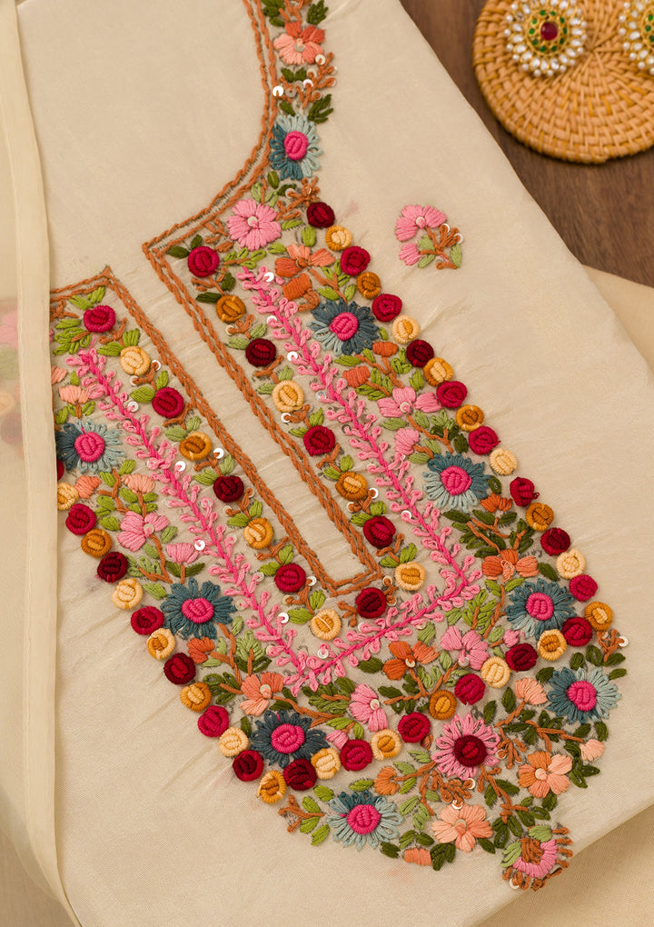 Beige Georgette Threadwork Unstitched Dress Material With Matching Bottom And Dupatta