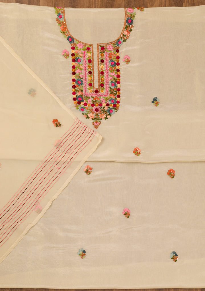 Beige Georgette Threadwork Unstitched Dress Material With Matching Bottom And Dupatta