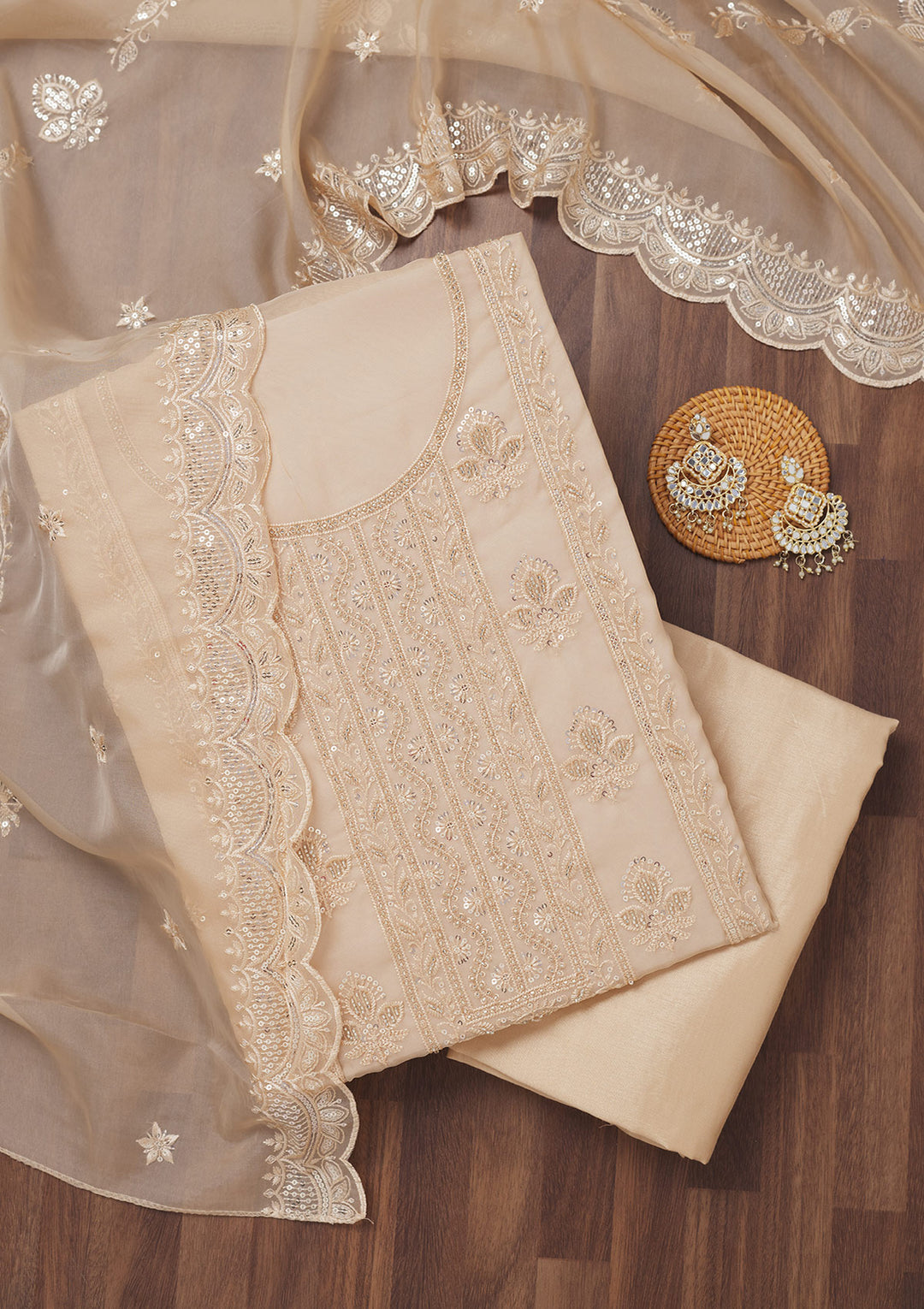 Beige Organza Threadwork Unstitched Dress Material With Matching Bottom And Dupatta