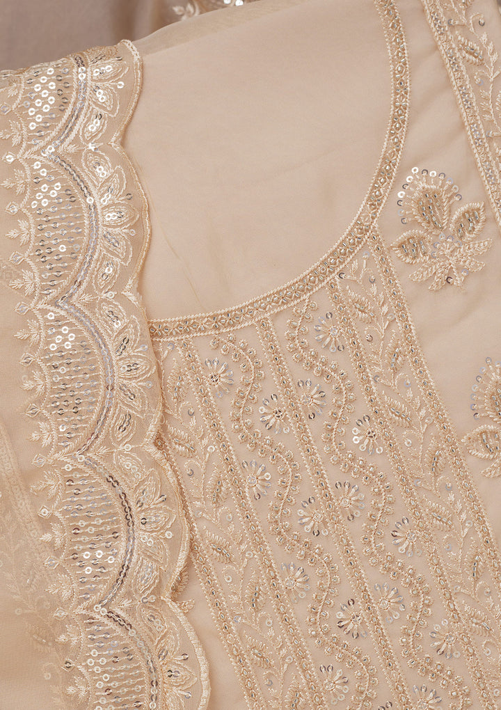 Beige Organza Threadwork Unstitched Dress Material With Matching Bottom And Dupatta