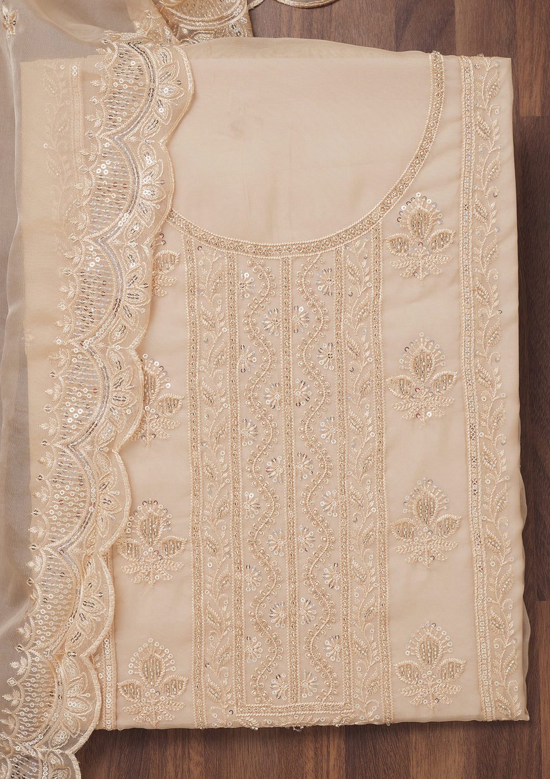 Beige Organza Threadwork Unstitched Dress Material With Matching Bottom And Dupatta