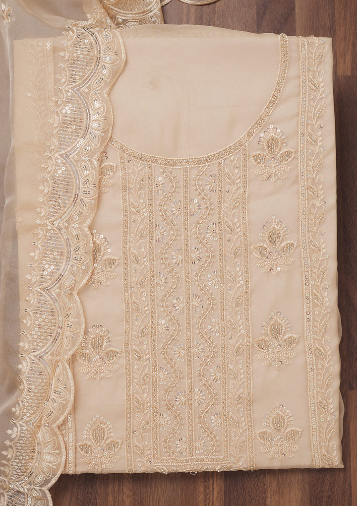 Beige Organza Threadwork Unstitched Dress Material With Matching Bottom And Dupatta