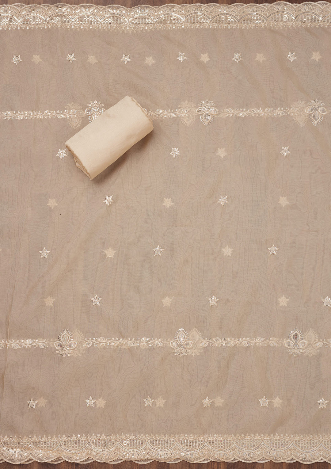 Beige Organza Threadwork Unstitched Dress Material With Matching Bottom And Dupatta