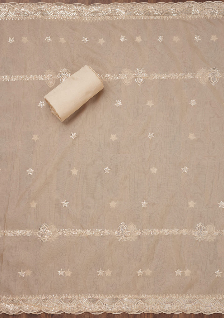 Beige Organza Threadwork Unstitched Dress Material With Matching Bottom And Dupatta